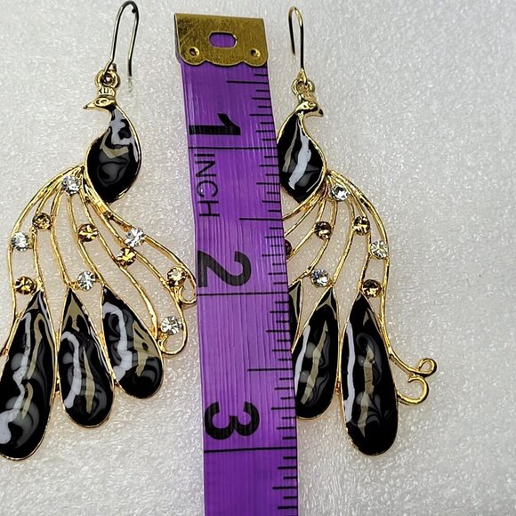 Peacock Chandelier Earrings Gold and Black Bird Earrings - Picture 4 of 8
